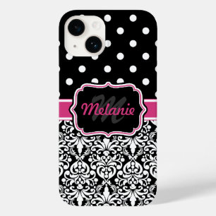 Pink Black Damask Polka Dots Pattern Monogram Case-Mate iPhone 14 Case