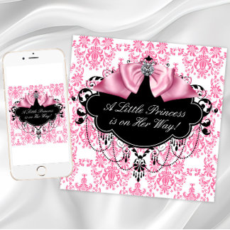 Pink Black Damask Princess Baby Shower Invitation