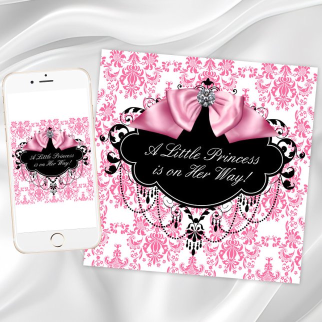 Pink Black Damask Princess Baby Shower Invitation (Pink and black baby shower invitations. Add your own text. Instant download and printed available.)