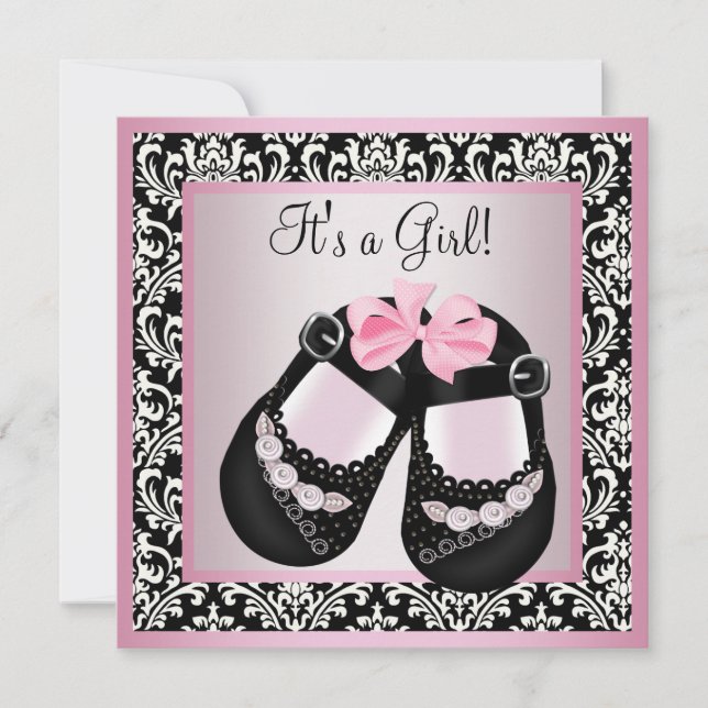 Pink Black Damask Shoes Baby Girl Shower Invitation (Front)
