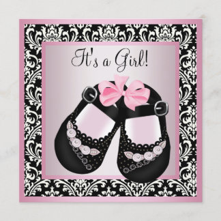Pink Black Damask Shoes Baby Girl Shower Invitation