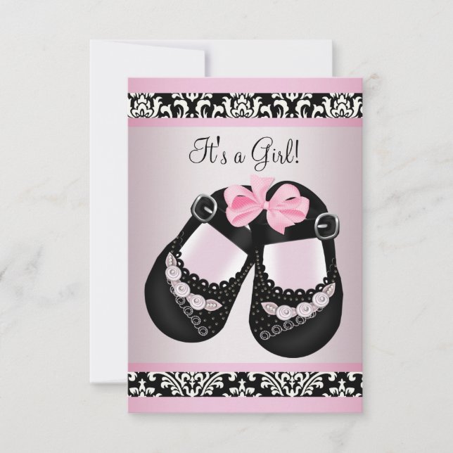 Pink Black Damask Shoes Baby Girl Shower RSVP Invitation (Front)