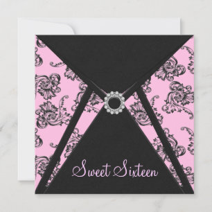 Pink Black Damask Sweet 16 Party Invitation