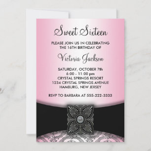 Pink Black Damask Sweet Sixteen Party Invitation
