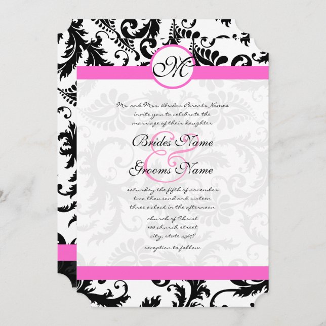 Pink & Black Damask Swirls Wedding Invitation (Front/Back)