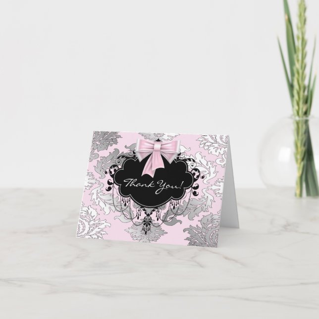 Pink Black Damask Thank You Cards (Front)
