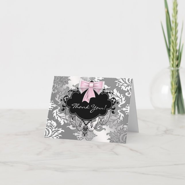 Pink Black Damask Thank You Cards (Front)
