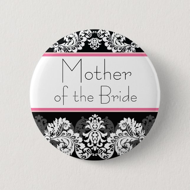 Pink & Black Damask Wedding Party Button (Front)