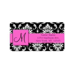 Pink Black Damask Wedding RSVP Return Address Label