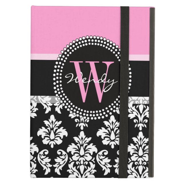 Pink, Black Damask Your Initial, Your Name iPad Air Cover (Front Closed)