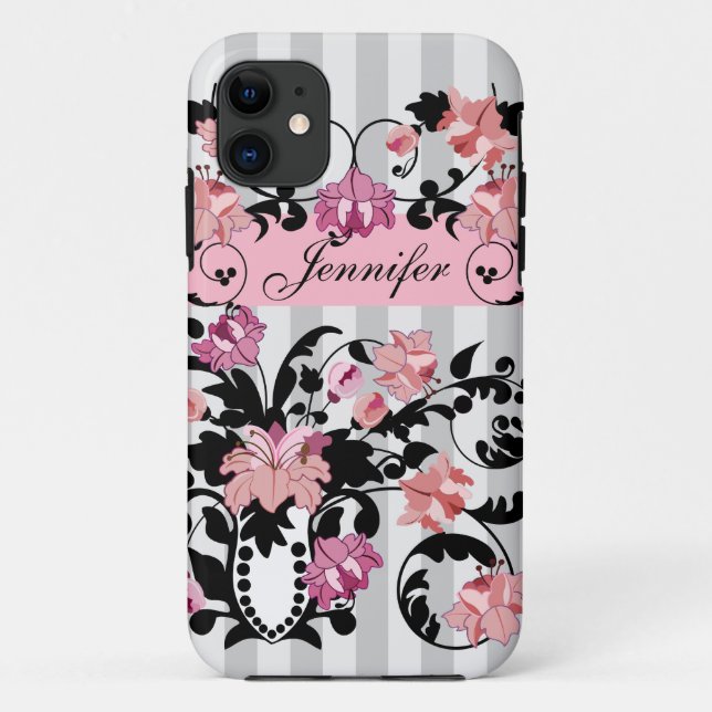 Pink & Black Damasks with Name on soft Stripes Case-Mate iPhone Case (Back)