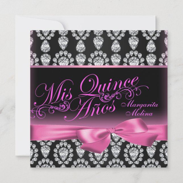 Pink/Black Diamond & Bow Quinceanera Invitation (Front)