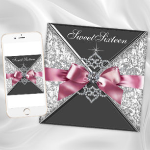 Pink Black Diamond Bow Sweet 16 Birthday Party Invitation