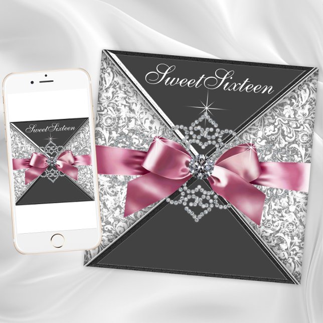Pink Black Diamond Bow Sweet 16 Birthday Party Invitation (Creator Uploaded)