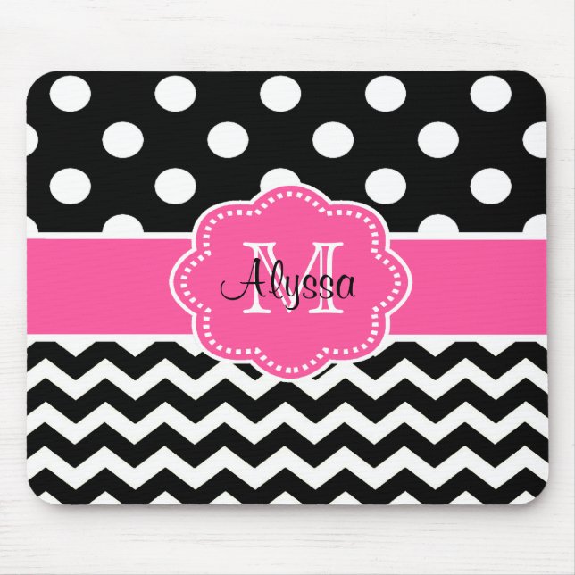 Pink Black Dots Chevron Personalised Mousepad (Front)