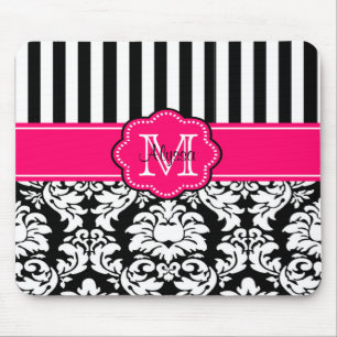 Pink Black Dots Damask Personalised Mousepad