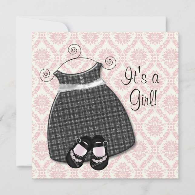 Pink Black Dress Shoes Pink Black Damask Baby Girl Invitation (Front)