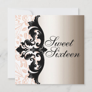 Pink & Black Elegant Damask Birthday Invitation