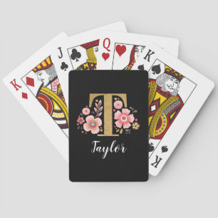 Pink Black Elegant Monogram Initial Letter T Playing Cards
