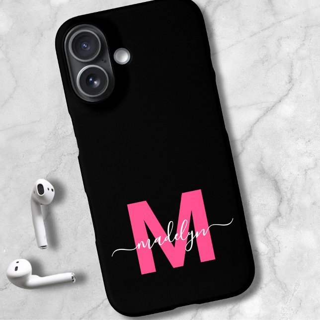 Pink Black Elegant Script Name Monogram iPhone 16 Case (Pink Black Elegant Script Name Monogram iPhone 16 Case )