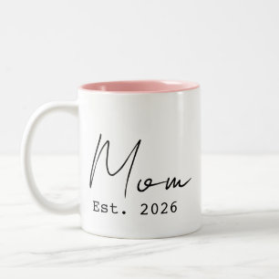 Pink Black Elegant Script New Mum Est. 2026 Two-Tone Coffee Mug