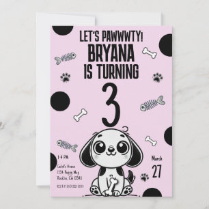 Pink & Black Fish Bones Puppy Dog Birthday Party  Invitation