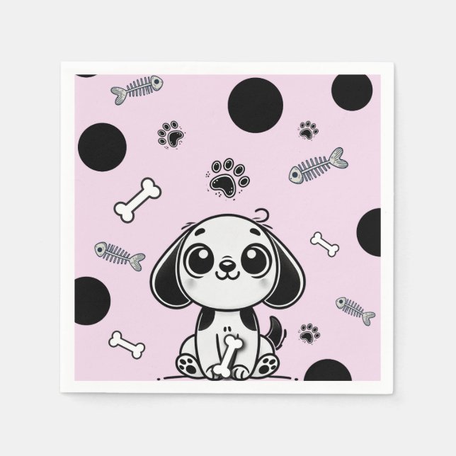 Pink & Black Fish Bones Puppy Dog Birthday Party  Napkin (Front)