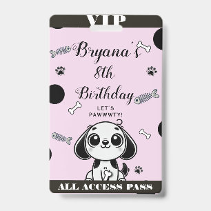 Pink Black Fish Bones Puppy Dog Birthday VIP Pass ID Badge