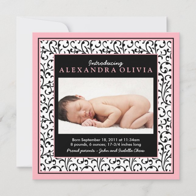 Pink Black Floral Baby Photo Birth Announcement (Front)