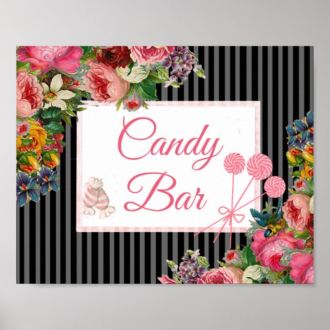 Pink & Black Floral Candy Bar Wedding Sign Poster (Front)