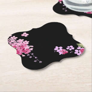 Pink & Black Floral Cherry Blossom Paper Coaster