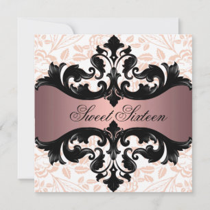 Pink & Black Floral Damask Birthday Invitation