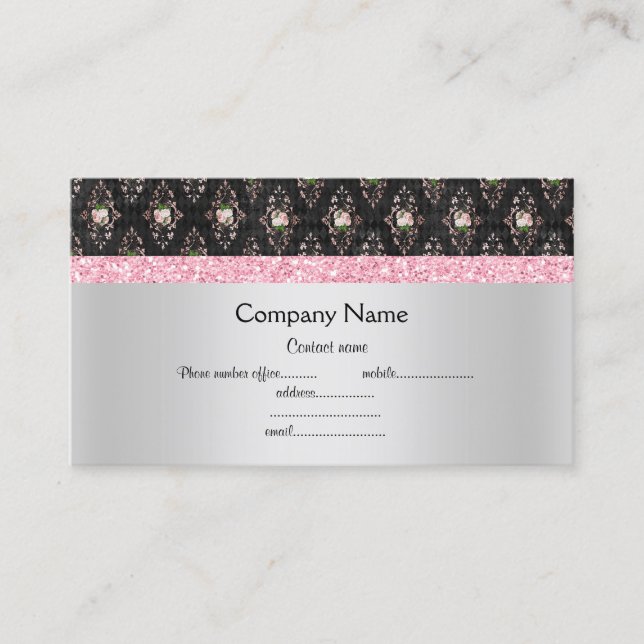 Pink black floral elegant semi gloss business card (Front)