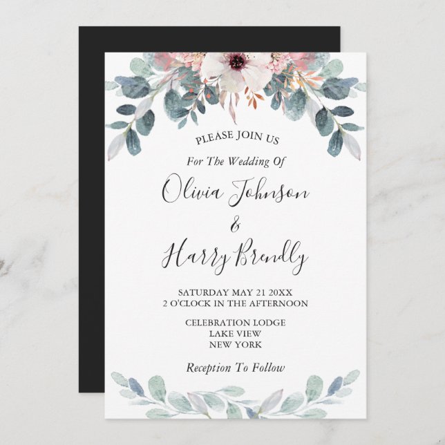 Pink Black Floral Eucalyptus Greenery Wedding Invitation (Front/Back)