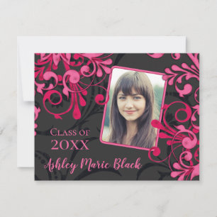 Pink Black Floral Photo Graduation Invitation
