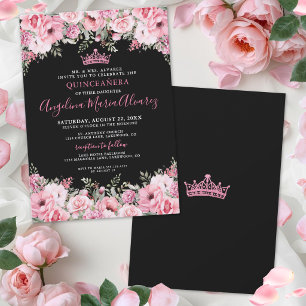 Pink Black Floral Quinceanera Invitation