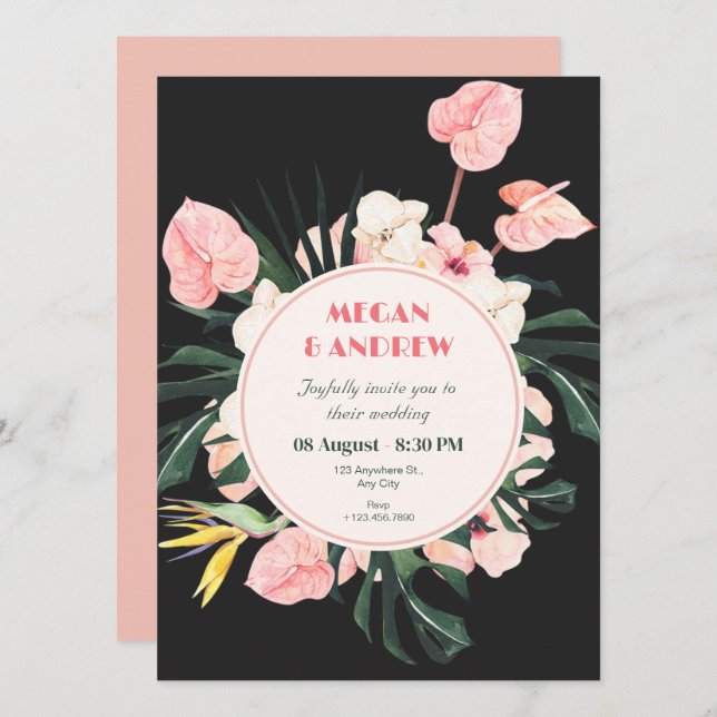 Pink black floral wedding Invitation (Front/Back)