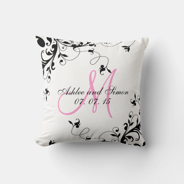 Pink Black Floral Wedding Keepsake Pillow (Front)