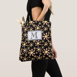 Pink Black Flower Pattern Monogram Floral Tote Bag