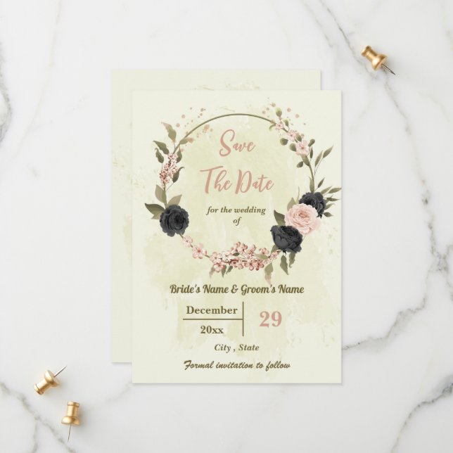 pink & black flowers botanical wedding save the date (Front/Back In Situ)