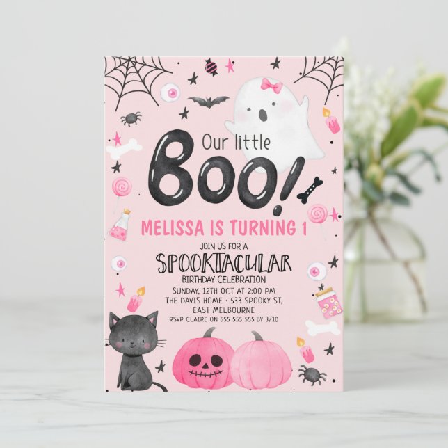 Pink Black Girl Our Little Boo Halloween Birthday Invitation (Standing Front)