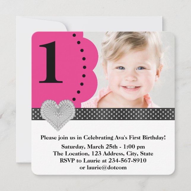 Pink Black Girls Photo 1st Birthday Party Invitation (Front)