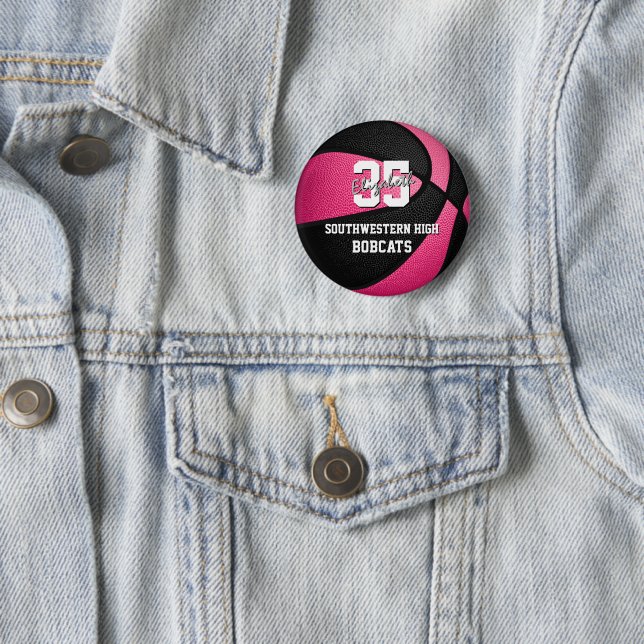 pink black girl's sports basketball team name 6 cm round badge (In Situ)