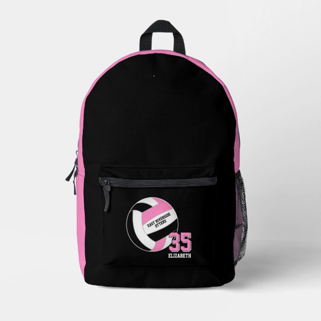 pink black girls teens volleyball team colours printed backpack (Front)