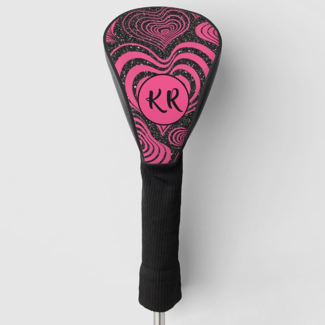 Pink Black Glam Abstract Heart Monogram Initials Golf Head Cover (Front)