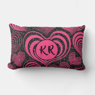 Pink Black Glam Abstract Heart Monogram Initials Lumbar Cushion