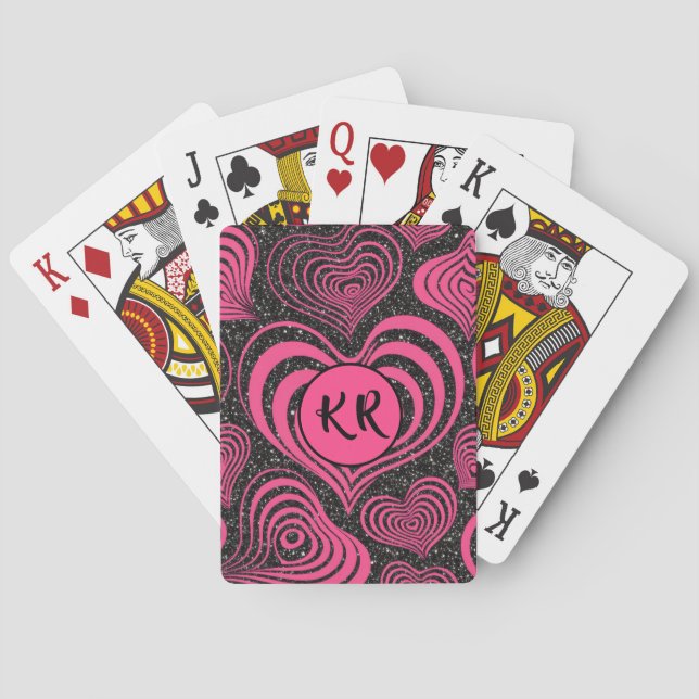 Pink Black Glam Abstract Heart Monogram Initials Playing Cards (Back)