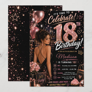 Pink Black Glam Eighteenth Birthday Invitation