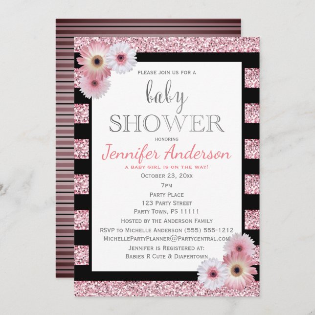 Pink Black Glamour Stripe Baby Shower Invitation (Front/Back)