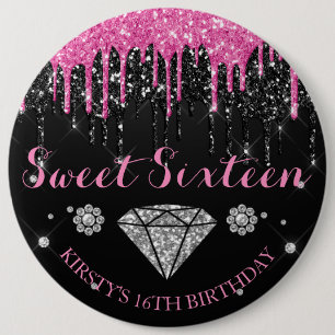 Pink & Black Glitter Drip Sweet Sixteen 6 Cm Round Badge